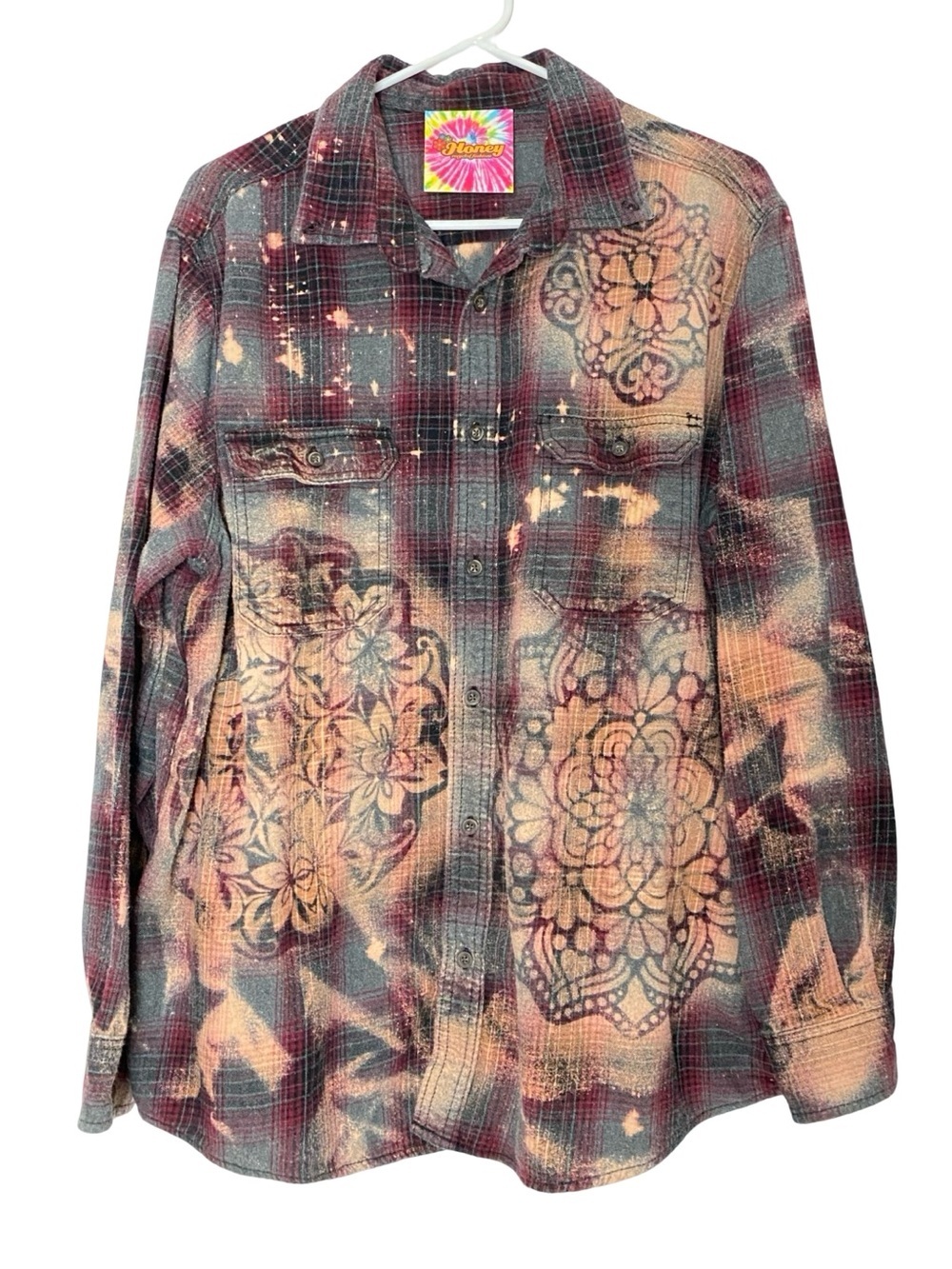 OOAK Custom Flannel Shirt Mens Size XL Unisex Bleached Floral Plaid Mandala Gray